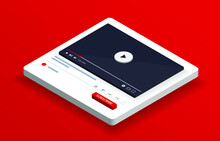 Isometric youtube video player. PC social media interface. Play video online 3D mock up. Subscribe button. Tube window with navigation icon. Vector illustration.