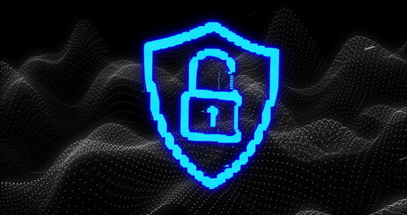 Image of digital computer interface online security blue glowing padlock icon on flowing mesh on