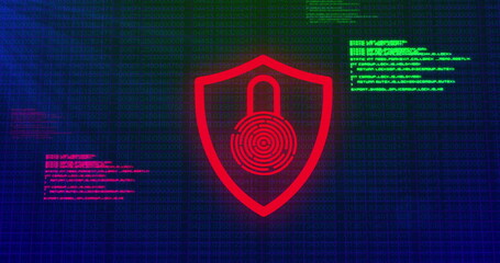 Image of digital computer interface online security red and green glowing padlock icon on blue g