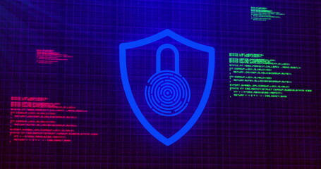 Image of digital computer interface online security blue glowing padlock icon on blue glowing ba