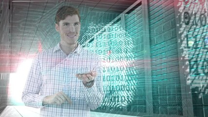 Poster - Animation of businessman over binary coding, biometric fingerprint and computer servers