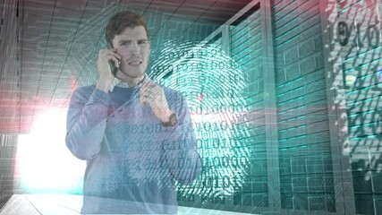 Poster - Animation of businessman over binary coding, biometric fingerprint and computer servers