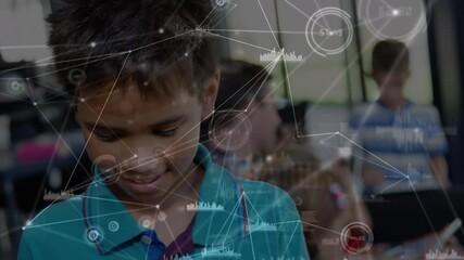 Poster - Animation of network of connections with statistics over smiling schoolboy