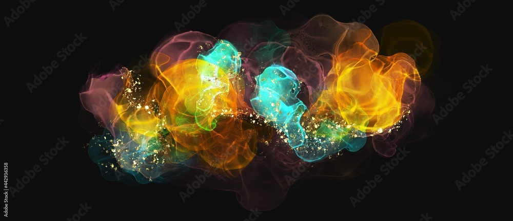 Abstract fiery background on the black background, bright fiery orange and turquoise texture, gold element parts, abstract flames - obrazy, fototapety, plakaty 