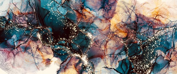 Wall Mural - coloured universe abstract background, alcohol ink background with gold glitter, hand painted cloudy