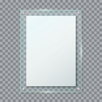 Realistic blank poster in glass frame hanging on wall isolated on transparent background. Clear vertical acrylic name plate with mounting brackets. Banner plexiglass holder. 3d vector illustration