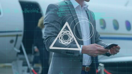 Sticker - Animation of rotating shapes and data processing, over businessman using smartphone beside aeroplane