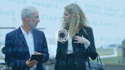 Poster - Animation of rotating shapes and data, over business people using tablet talking beside aeroplane