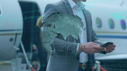 Poster - Animation of rotating globe and data processing, over businessman using smartphone beside aeroplane