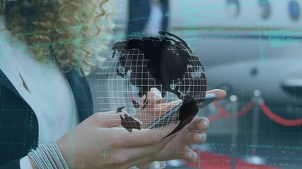 Poster - Animation of globe and data processing over woman using smartphone
