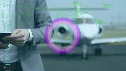 Poster - Animation of rotating purple shape and data, over businessman using smartphone beside plane