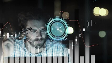 Poster - Animation of clock with turning hands and graphs on interface over man working on computer