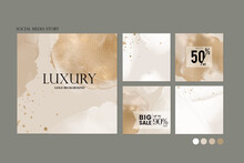 Instagram Social Media Story Post Background Layout. Minimal Abstract Nude Gold Paint Splash Vector Banner Mockup. Template For Beauty, Jewelry, Cosmetics, Wedding, Make Up. Luxury Exclusive Sale