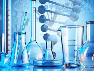 Wall Mural - microscope with lab glassware, science laboratory research and development concept