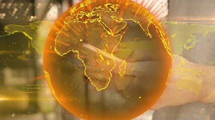 Poster - Animation of globe over woman using smartphone