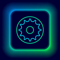 Poster - Glowing neon line Chakra icon isolated on black background. Colorful outline concept. Vector