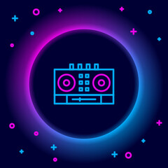 Poster - Glowing neon line DJ remote for playing and mixing music icon isolated on black background. DJ mixer complete with vinyl player and remote control. Colorful outline concept. Vector