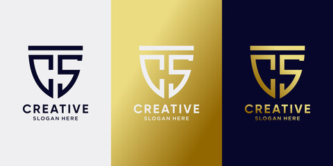 Symbol of shield logo design initial letter CS with line art style and golden style color. Logo icon for business company