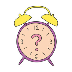 Colored alarm clock with a question mark instead of arrows. Vector illustration for printing on a postcard, textiles, poster, cover.