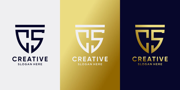 Symbol of shield logo design initial letter CS with line art style and golden style color. Logo icon for business company