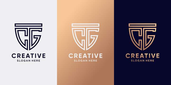 Creative shield logo design initial letter CG with line art style. Monogram logo for business company and personal