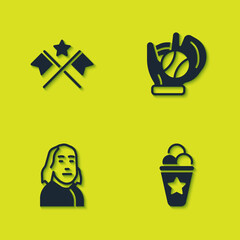 Sticker - Set American flag, Ice cream in waffle cone, Benjamin Franklin and Baseball glove with ball icon. Vector