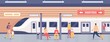 Subway platform with people. Passengers on metro station waiting for train. City underground public railway transport, flat vector concept