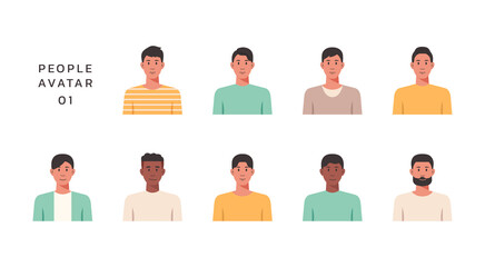 People portraits of young men isolated icons set, male faces avatars, vector design flat style illustration