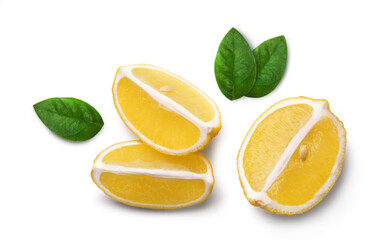 Ripe juicy lemon and round lemon slices isolated on white background, top view. Fresh fruits.