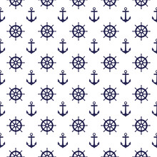 Seamless Nautical Pattern With Anchors And Steering Wheels