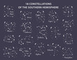 18 Constellations southern Hemisphere set includes constellations Canis Major, Eridanus, Phoenix, Wolf, Crane, Hydra, Keel, Whale, Poop, Dove, Raven and others. Vector illustration on blue background