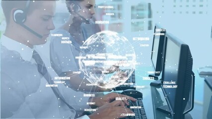 Poster - Animation of globe with network of connections over business people using computers