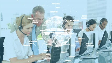 Canvas Print - Animation of globe with network of connections over business people using computers