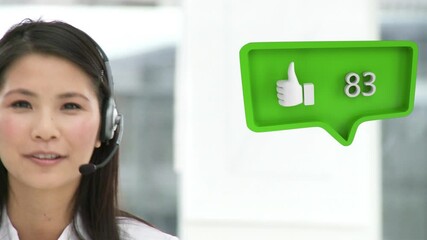 Poster - Animation of digital icons over businesswoman using phone headsets