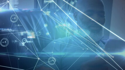 Poster - Animation of networks of connections with icons over man using tablet