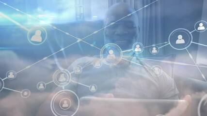 Poster - Animation of networks of connections with icons over man using tablet
