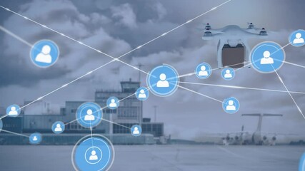 Poster - Animation of network of connections over drone with parcel over airport