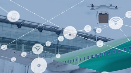 Poster - Animation of network of connections over drone with parcel over cityscape