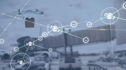 Poster - Animation of network of connections over drone with parcel over airport