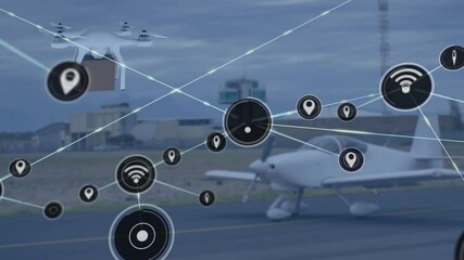 Poster - Animation of network of connections over drone with parcel over airport