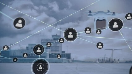 Poster - Animation of network of connections over drone with parcel over airport