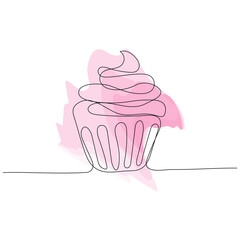 Wall Mural - Continuous one line drawing of cupcake. Editable stroke. Concept for cafe, bakery, restaurant. Modern style vector illustration on isolated background.