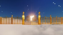 Golden Heaven Gates, Bright Angel And Doves Flying Above Clouds, 4K