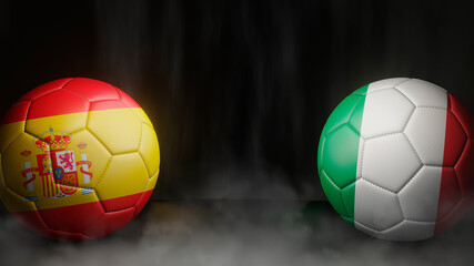 Two soccer balls in flags colors on a black abstract background. Spain and Italy. Semifinal.  3d image