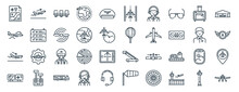 Linear Pack Of Aviation Line Icons. Linear Vector Icons Set Such As Takeoff, Runway, Air Balloon, Landing, Monitors, Aircraft. Vector Illustration.