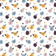 Wall Mural - Hand drawn floral seamless pattern. Scandinavian style. Graphic design. Cute background with flowers