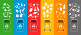 Fototapeta  - Colorful recycling bins for waste separation. Trash bin for garbage organic, plastic, glass, paper, metal, e-waste. vector illustration in flat style modern design.