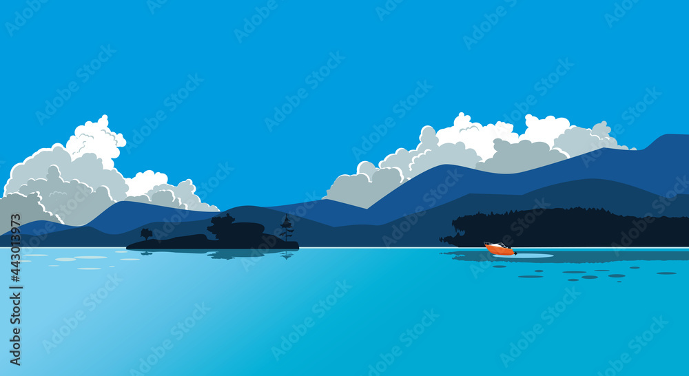 Beautiful summer lake with mountain range and storm clouds on the background and a motorboat moving past islands, copy space for your text, EPS 8 vector illustration, no transparencies - obrazy, fototapety, plakaty 