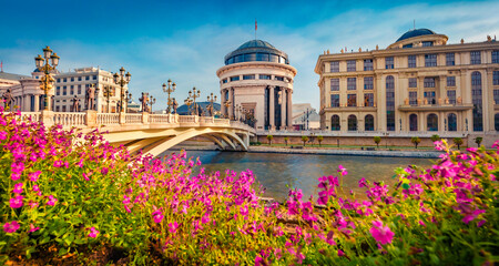 Wall Mural - Blooming violet flowers on the shore of Vardar river. Exciting spring cityscape of capital of North Macedonia - Skopje with Archaeological Museum. Colorful view of Art Bridge.