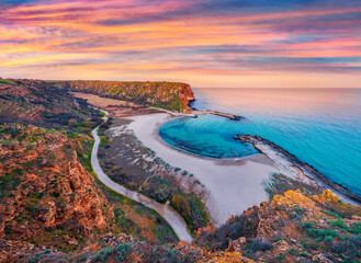 Aerial spring seascape of Black sea. Splendid sunrise on Bolata beach.in Bulgaria, Europe. Beauty of nature concept background.